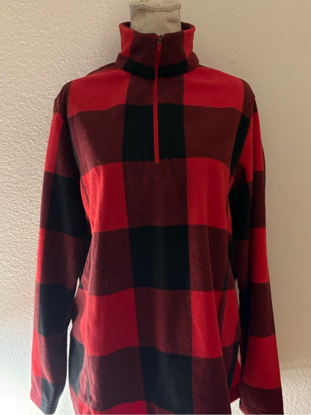 Lands' End Men's Red and Black Buffalo Plaid Quarter-Zip Sweater - Picture 2 of 11